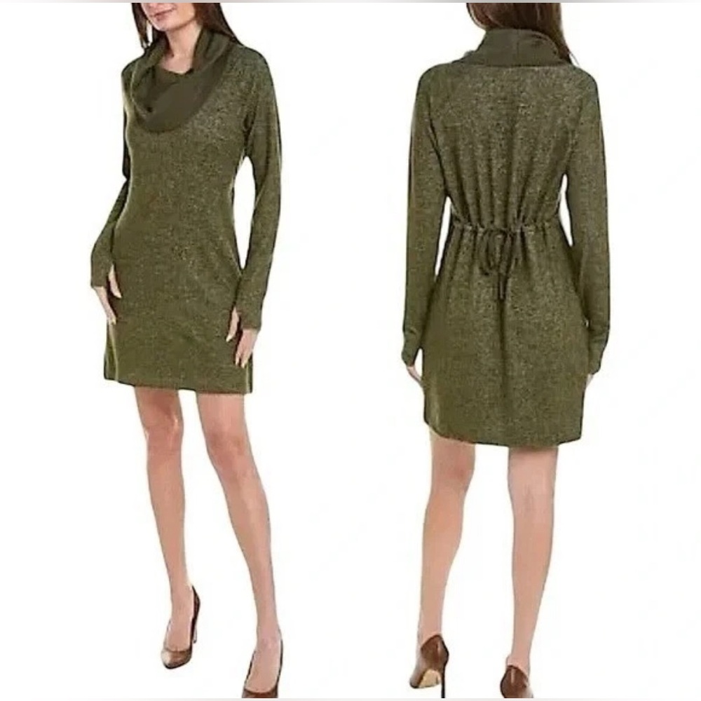 Cabi Solace Dress Knit Cinch Sweater Cowl Neck Pullover Sz L Long Sleeve, Olive